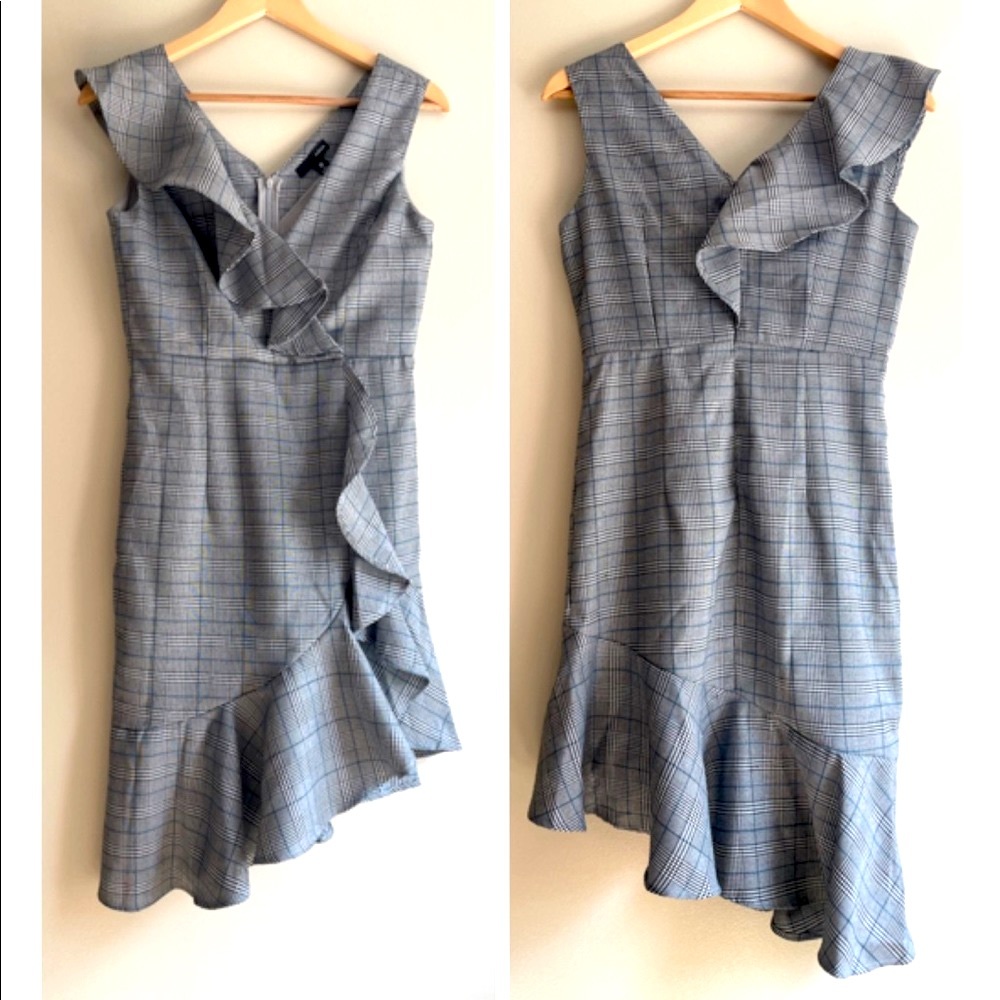 NWT grey plaid ruffle sleeveless work office blue flounce new dress M